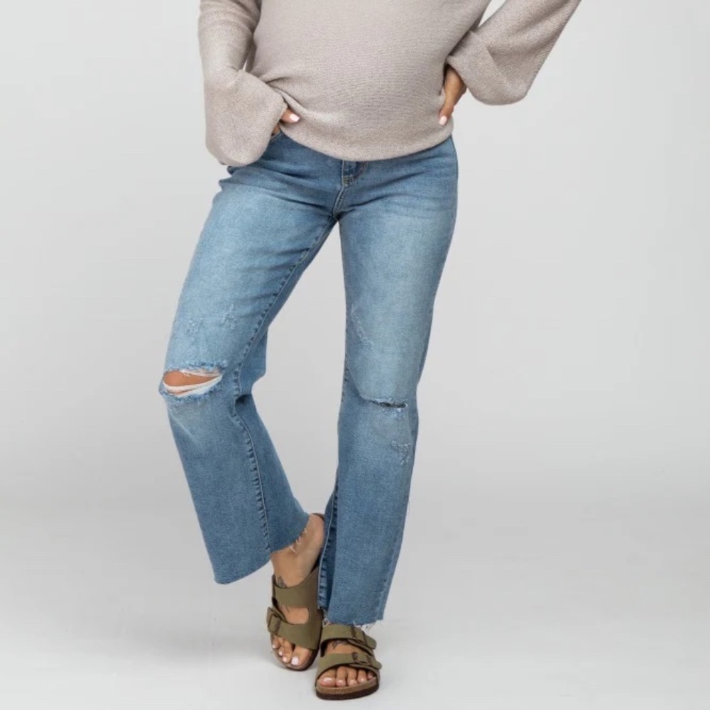 Blue Straight Leg Frayed Hem Maternity Jeans